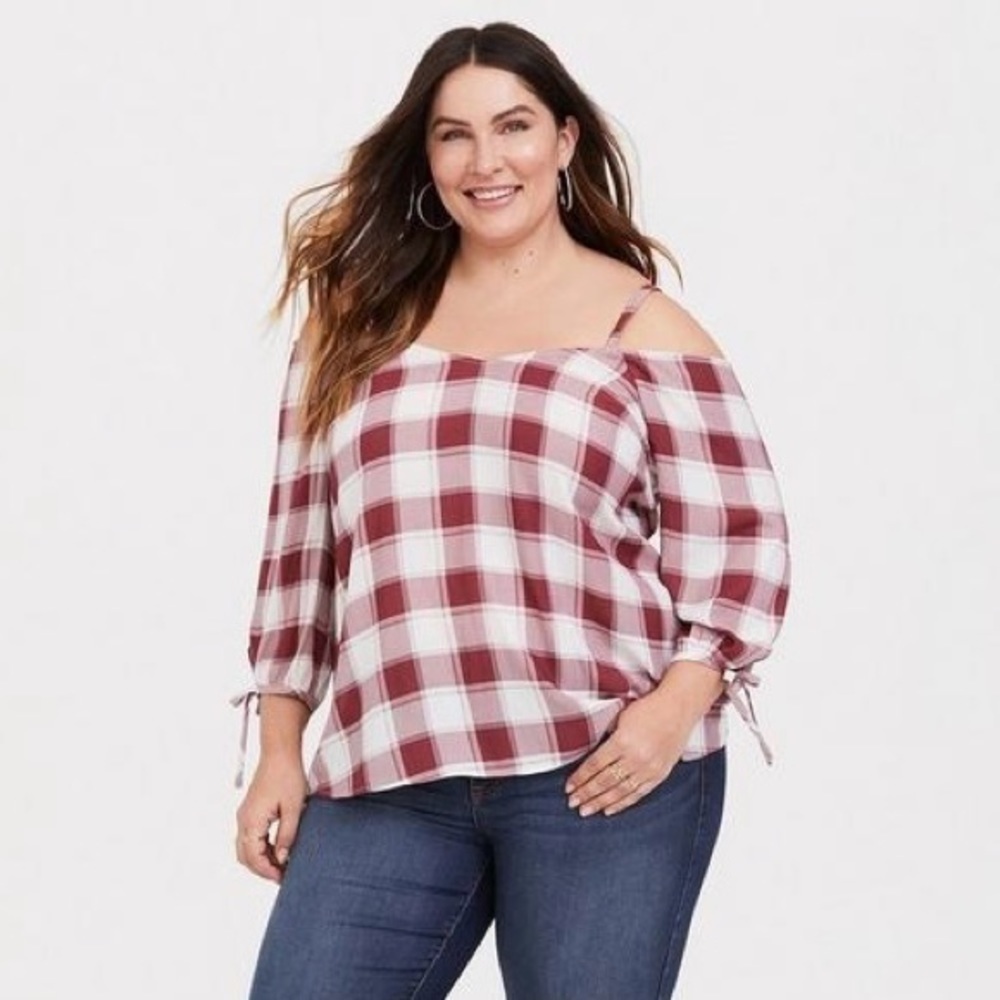 Torrid Red Plaid Crepe Cold Shoulder Blouse Flirty Maroon Sz 1